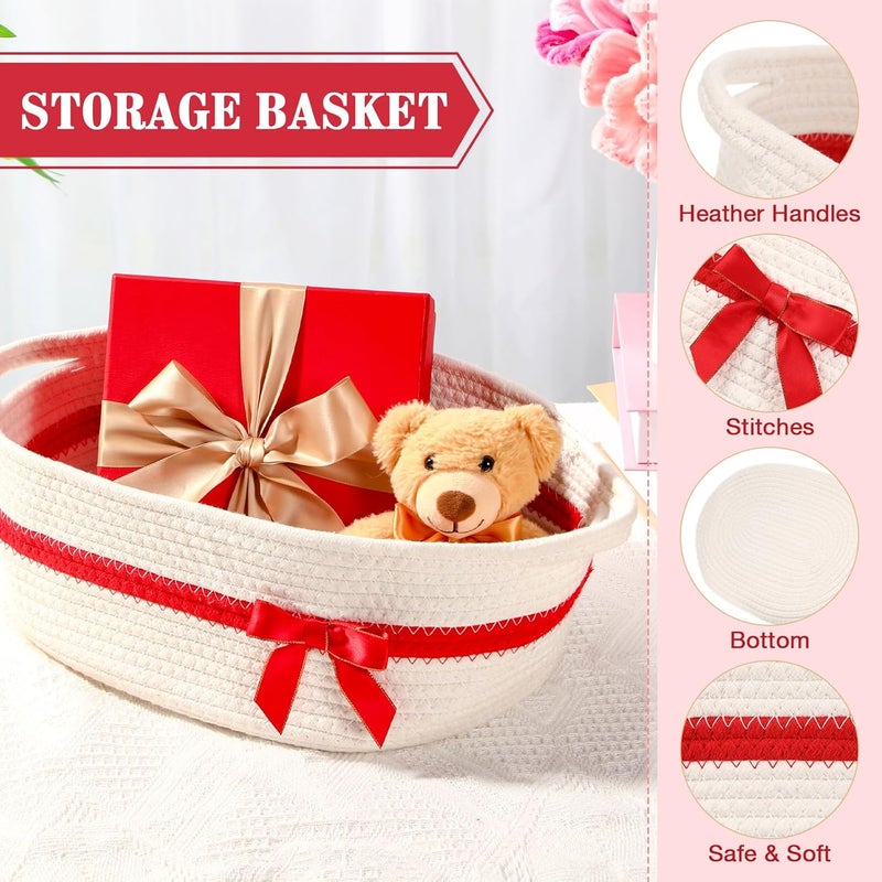 Colingmill Valentine Woven Gift Basket Empty with Ribbons Bow Tie and Bag, Valentine's Day Empty Decorative Chest Box, Woven Rope Storage with Handles Home Decor(14 x 10 x 5.5 Inch,White Red) - Image 3